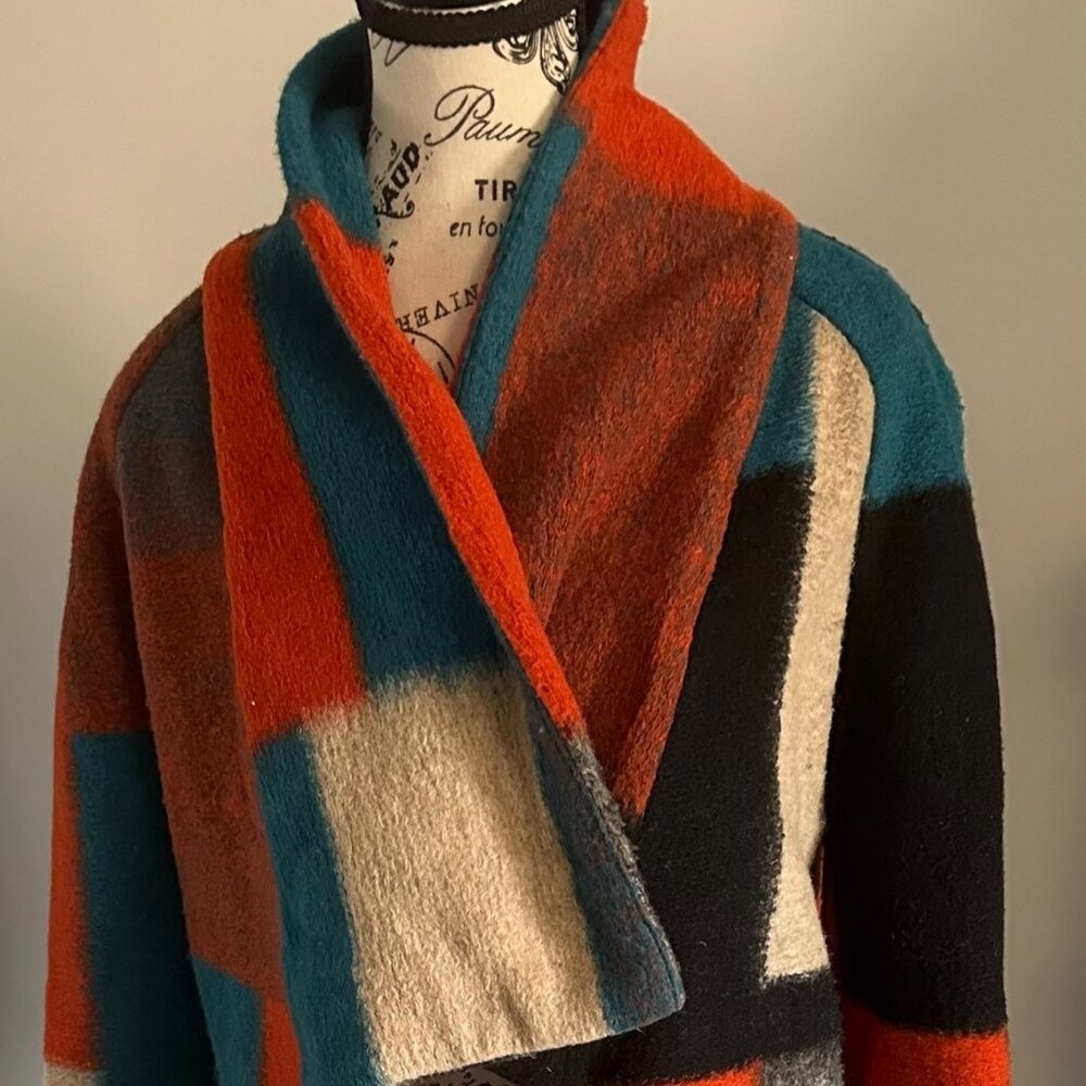 LUII BY ANTHROPOLOGIE - WOOL CAPE COAT (COLOR BLOCK DRAPING) SIZE S - Picture 4 of 8